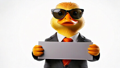 Obraz premium Cute cartoon duck smiling, wearing a suit and wearing sunglasses. Holding a sign with space for text on white background