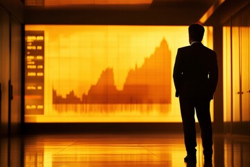 Businessman looking at financial data on a screen in a modern office.