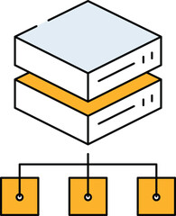 Distributed Computing Icon . Server Icons Linked by Arrows, Signifying Task Distribution.  Black and yellow color.Vector illustration.