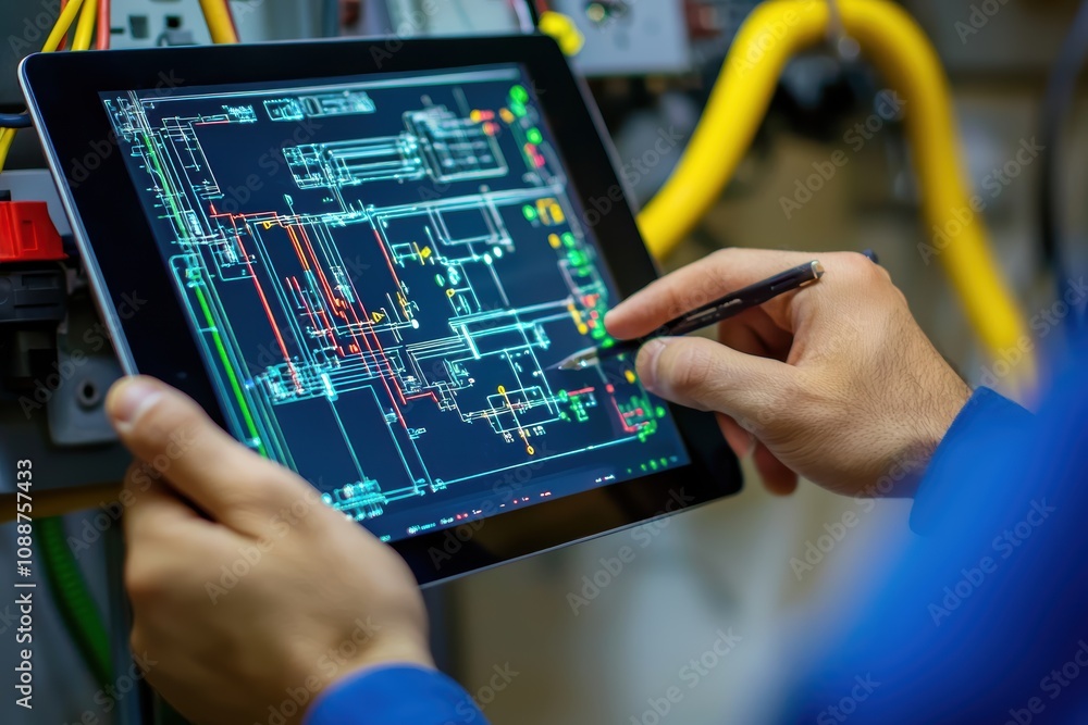 Poster detailed view of an engineer using a tablet to analyze electrical circuit diagrams in a modern works