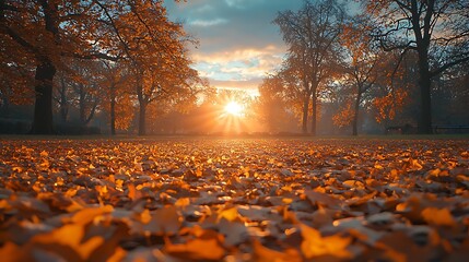 Autumn Leaves Glow: Golden Sunset in Park, Trees, Nature's Beauty, Fall Colors, Serene Landscape. Tranquil Atmosphere, Peaceful Scene.