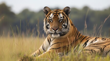 Naklejka premium A tiger lies in tall grass and stares directly at the camera.