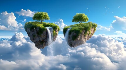 Floating islands with lush green trees hovering above wispy clouds in a surreal dreamlike landscape  A peaceful serene and imaginative scene with natural elements defying gravity in a picturesque