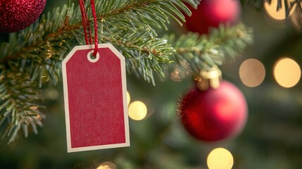 Red Christmas ornament with a red tag hanging from a Christmas tree.