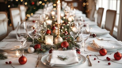 A high-end Christmas dining table setup at a hotel, arranged with a white tablecloth, holiday dishes, sparkling wine glasses, and candles providing a warm, festive glow.