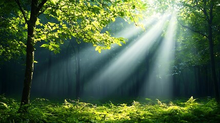 Obraz premium Enchanted Forest Sunlight Rays Beaming Through Lush Green Foliage in Scenic Nature Landscape Peaceful and serene woodland scene with warm sunlight filtering through the verdant canopy