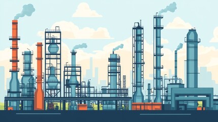 Obraz premium A colorful industrial scene featuring various factories and smokestacks emitting smoke.
