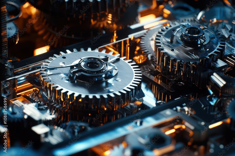 Poster intricate close-up of metallic gears and cogs illuminated by warm light in an industrial setting emp