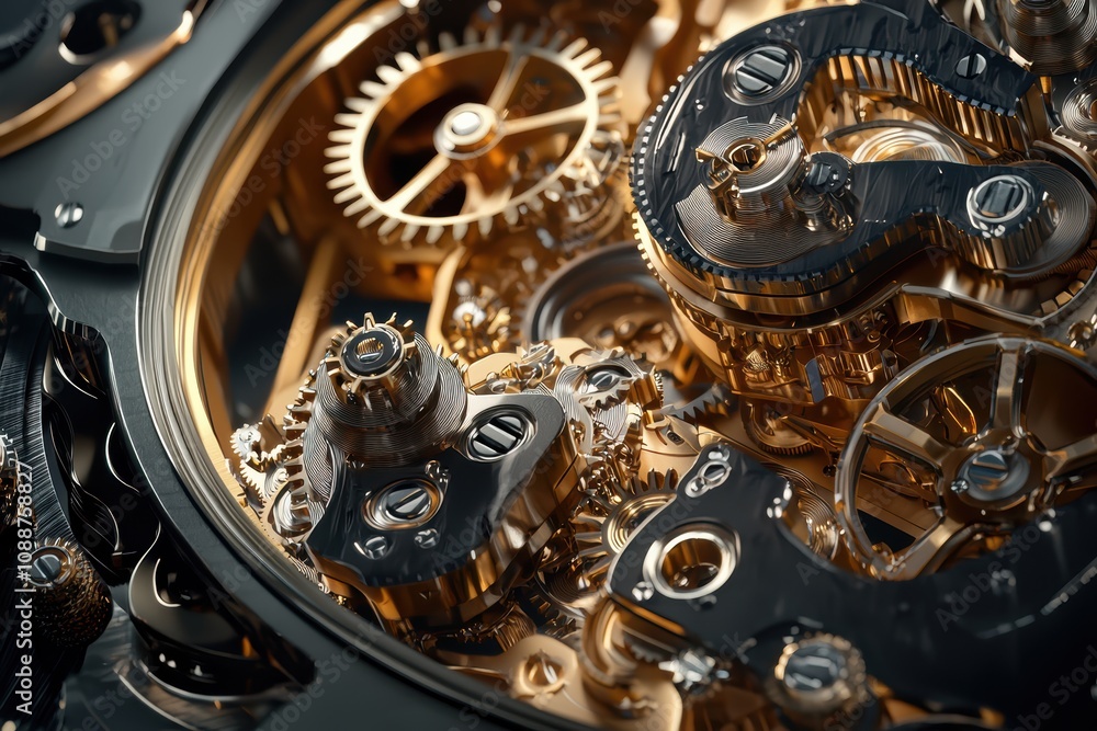 Poster intricate close-up of beautifully engineered clockwork mechanism with golden gears and precision com