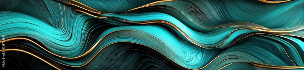 Poster A flowing abstract design featuring teal and gold waves.