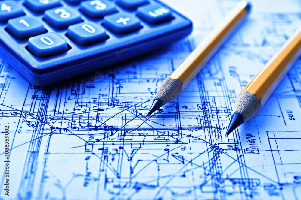 Poster intricate blueprint design with calculator and pencils representing architectural planning, engineer