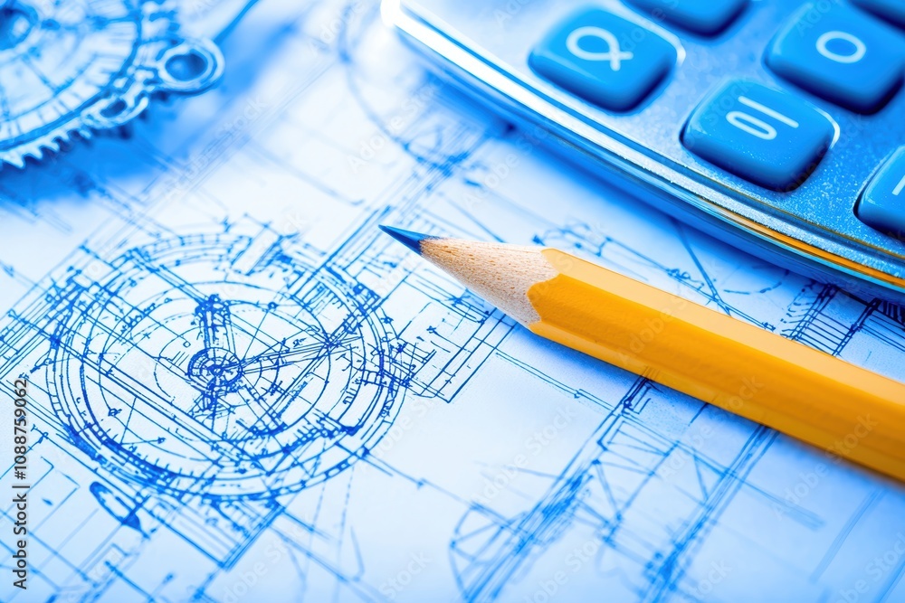 Poster blueprint background with engineering drawings, pencil, and calculator for design, architecture, and