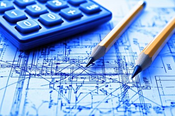 Intricate Blueprint Design with Calculator and Pencils Representing Architectural Planning, Engineering Concepts, and Creative Design Process in Professional Environment