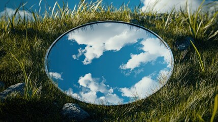 nature concept - blue sky and cloud reflection in round mirror on grass