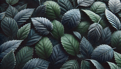 Dark Green and Frosted Leaves in Nature