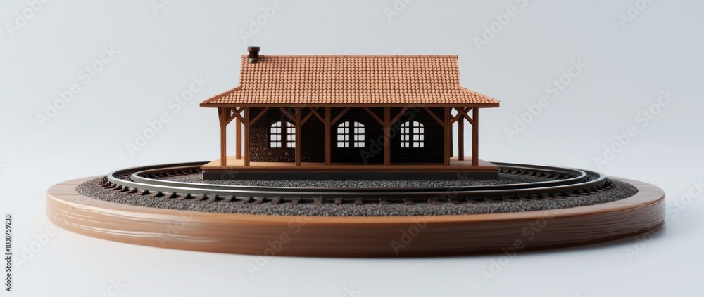 Poster a model train station on a circular base, showcasing intricate architectural details.
