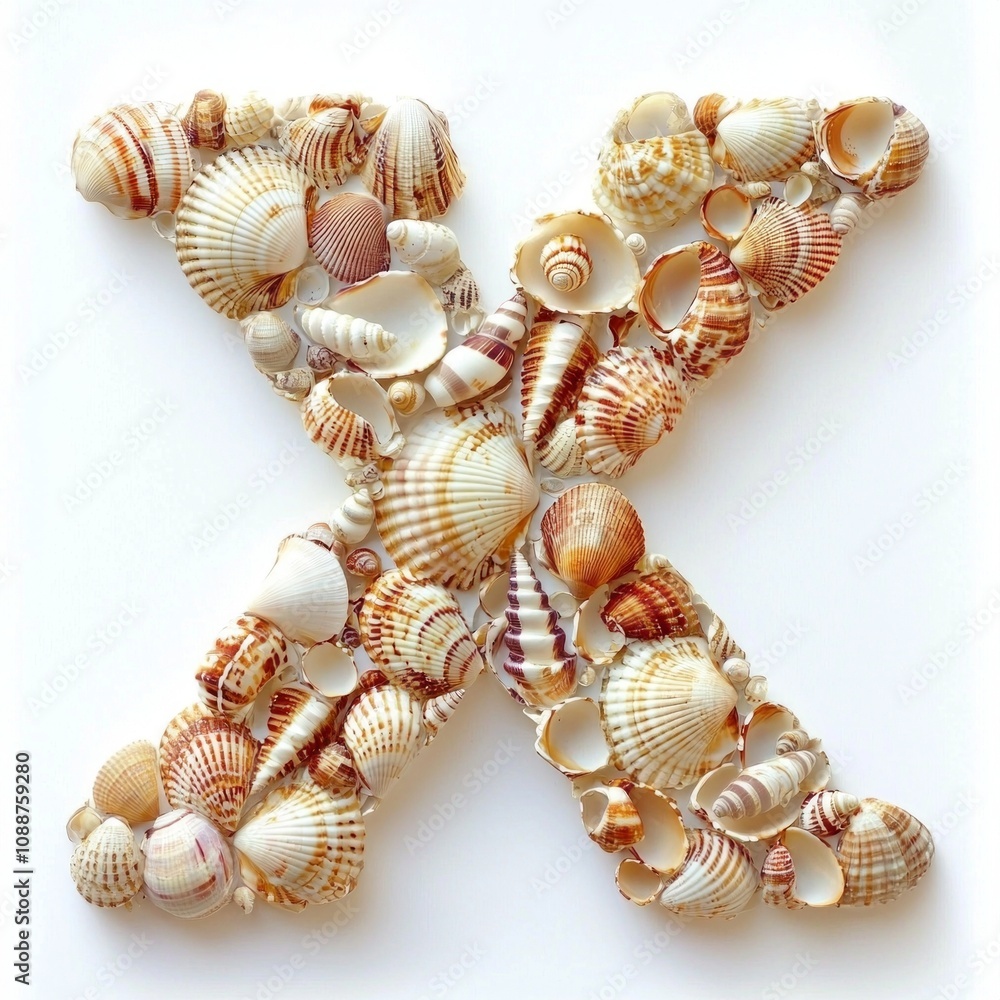 Poster letter x designed using various seashells intricate patterns clean white surface emphasizing eleganc