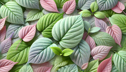 Soft Pink and Green Leaves in Nature with Dew Drops