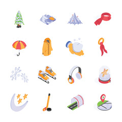 A collection of charming isometric icons depicting various winter-related items and activities