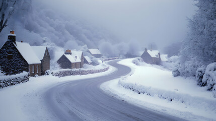 Snowy Village Road Winding Through Winter Wonderland
