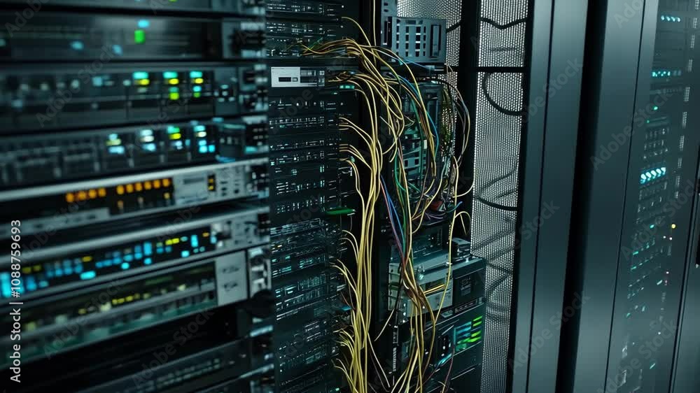 Poster multiple server racks are densely packed together, showcasing a myriad of interconnected cables and 