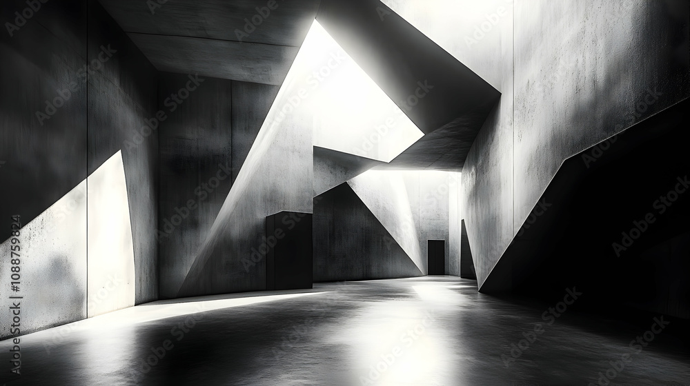 Poster abstract monochrome 3d rendering of a geometric concrete interior space with light and shadow