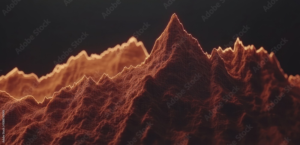 Poster abstract visualization of mountainous terrain with glowing features.