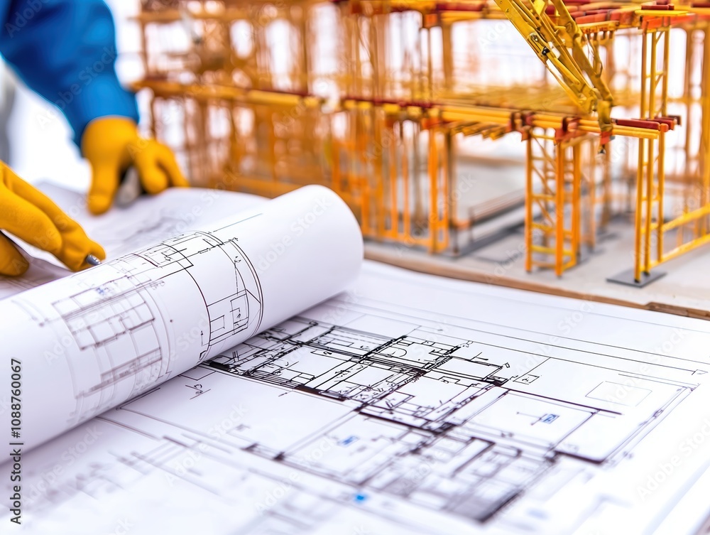Poster construction planning and management with blueprint and miniature scaffolding model for building pro