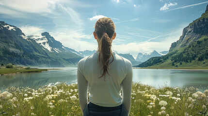Fototapeta premium Rear view. The woman in front of beautiful landscape.