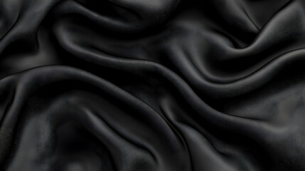 Dark Draped Fabric Background: Luxurious Black Silk Texture, Elegant Waves and Soft Creases, 3D Render Illustration