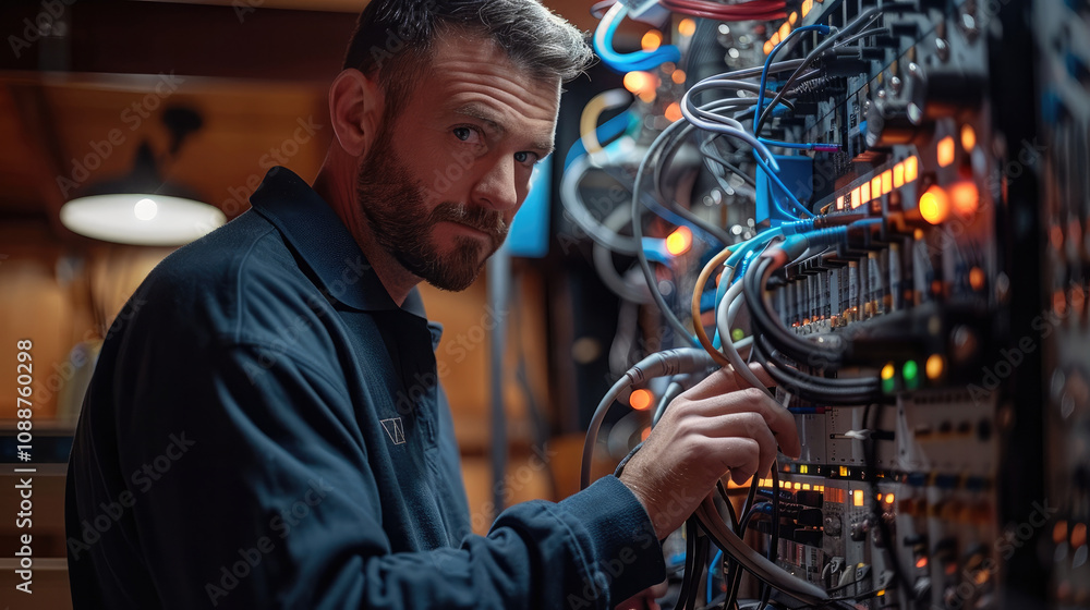 Aufkleber an electrician in the process of setting up cables and equipment for a home theater.