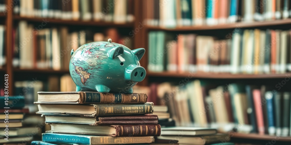 Aufkleber a globe-themed piggy bank sits atop stacked books in a library setting.