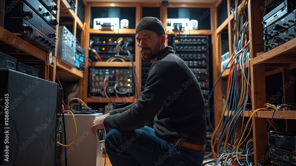 Aufkleber an electrician in the process of setting up cables and equipment for a home theater.