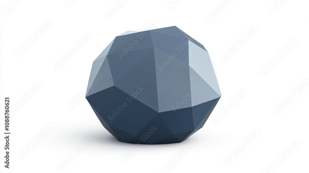 Poster a geometric, faceted blue object resembling a polyhedron, set against a white background.