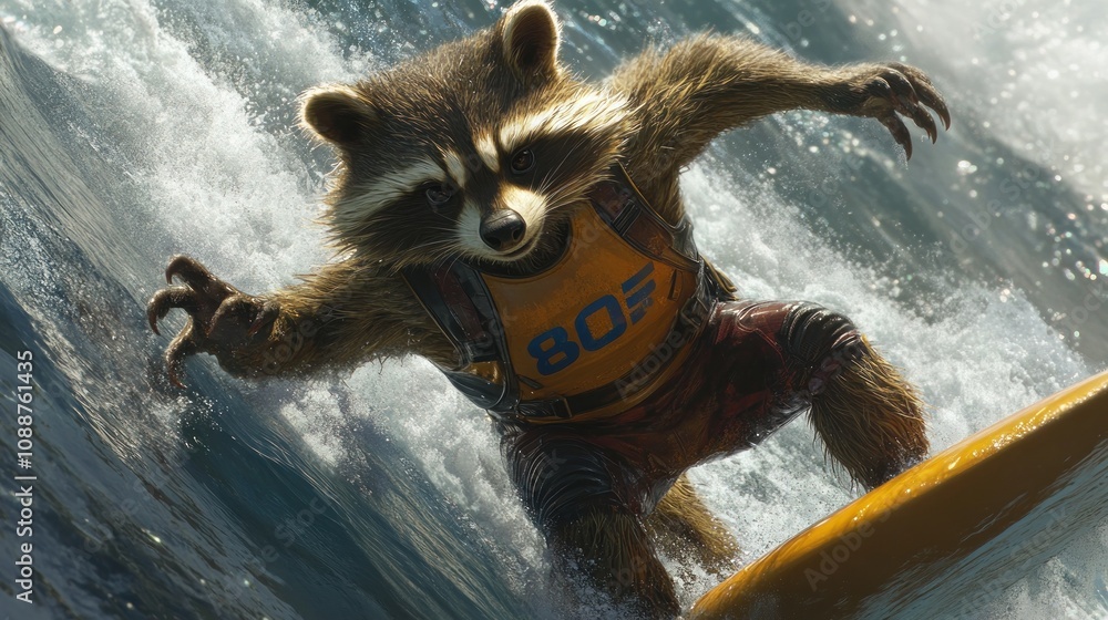 Poster a raccoon surfing on a wave, showcasing action and adventure in a vibrant ocean setting.