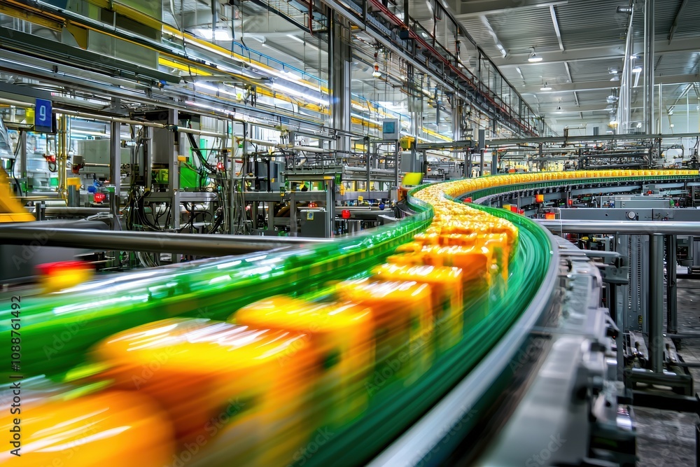 Poster dynamic conveyor belt in modern beverage factory with bottles in motion, showcasing efficient produc