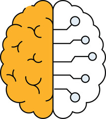 AI Processing Icon . Brain Outline Integrated with Circuit Lines.  Black and yellow color.Vector illustration.