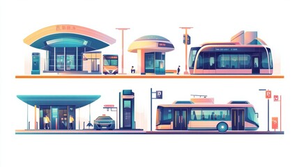 Public transportation linear flat vector abstract concept illustrations set. Passenger transportation services. Taxi, parking card payment, smart electric cars, bus and subway transit, customs.