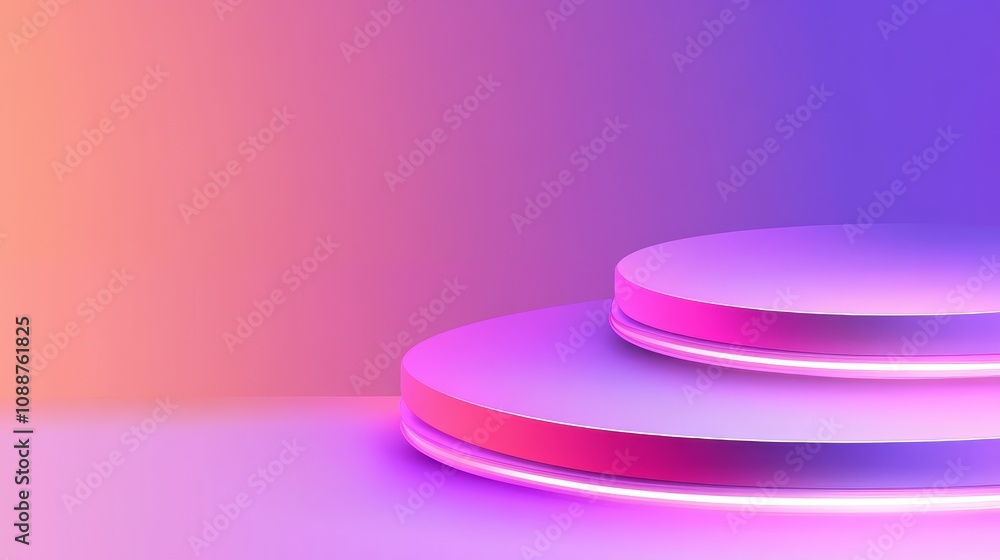 Poster a minimalist design featuring circular platforms with vibrant gradient lighting.