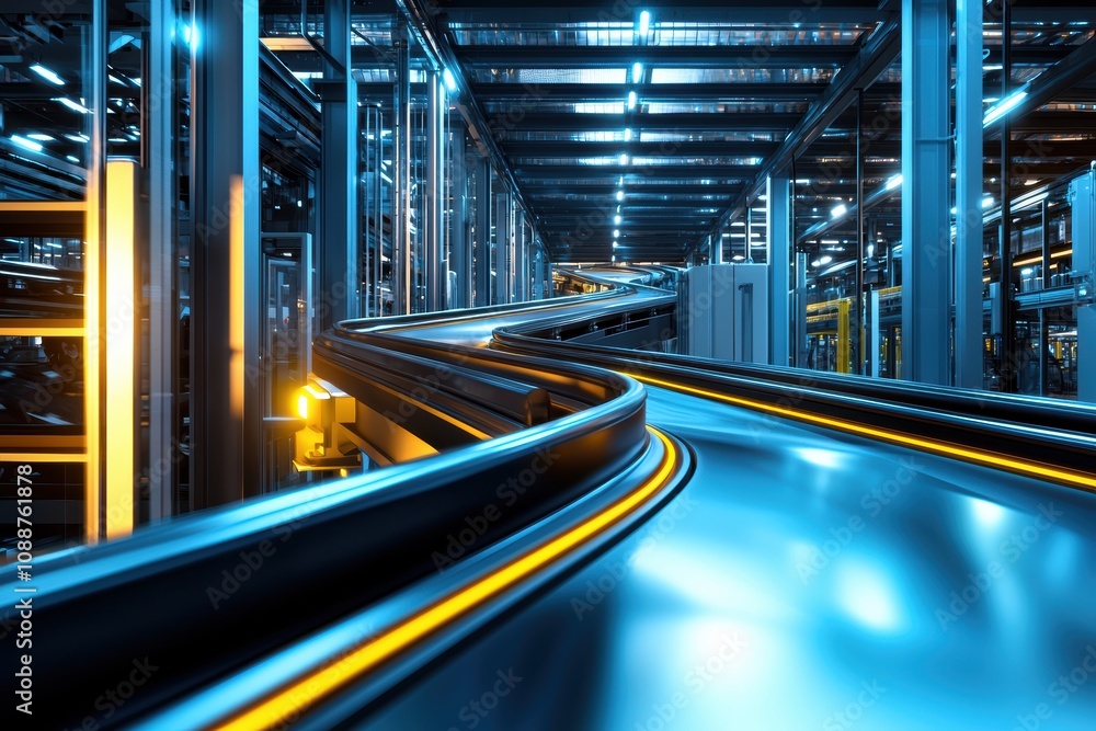 Poster futuristic conveyor system illuminated by neon lights in a high-tech industrial environment, showcas