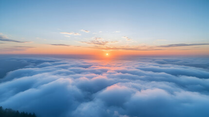 Fototapeta premium Sunrise paints pastel hues across a boundless expanse of clouds, creating a breathtaking aerial view of serene beauty.