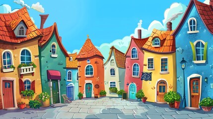 Naklejka premium A cartoon-style illustration of a street in a small town with brightly colored houses.