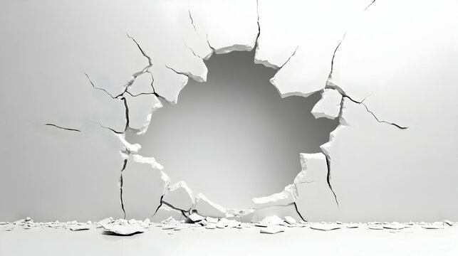 Realistic Cracked White Wall with Jagged Edges and Open Hole in Minimalist Style