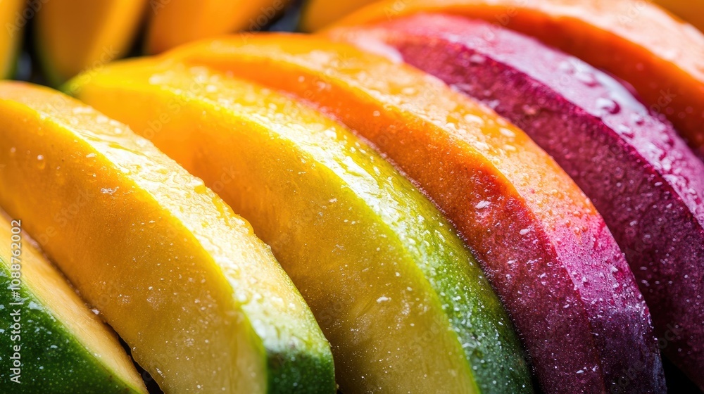 Poster rainbow colored mango slices close up view