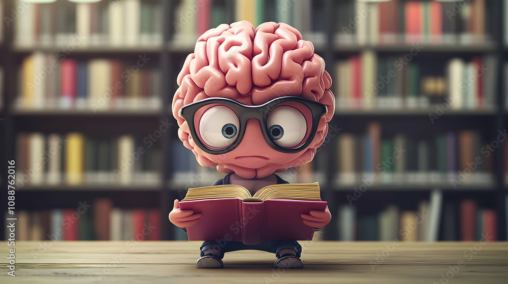 Poster 3d brain character studiously reads book in library setting