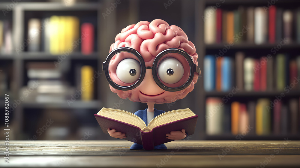 Poster 3d cartoon brain character reads book in library setting