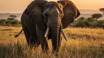 Fototapeta premium A lone elephant walks through tall grass at sunset.