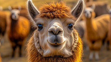 Obraz premium Close-up Portrait of a Fluffy Alpaca with Happy Expression, Surrounded by Herd in Golden Sunlight