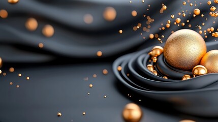 Luxurious golden baubles spheres and ornaments sparkling and shining on a dark minimal background  This elegant high end premium still life image evokes special occasions like Christmas New Year s