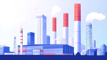 Naklejka premium A stylized industrial landscape featuring factories and smokestacks emitting steam.